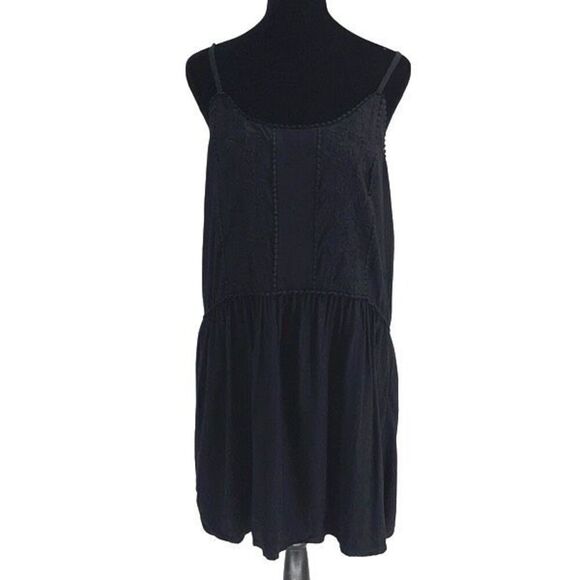 LOFT Womens Embroidered Lace Trim Spaghetti Strap Slip Mini Dress Black Medium - Picture 1 of 9